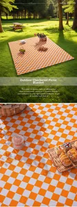 Close-up of orange checkered picnic mat showing fabric texture and outdoor setup