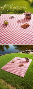 Close-up and top view of classic red and white checkered picnic mat on green grass