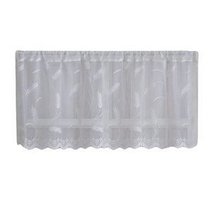 Rideau de café en dentelle blanche avec motifs de blé brodés et bordure festonnée