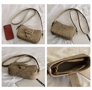 Detailed multi-angle view of brown suede baguette bag with flap buckle and interior zipper