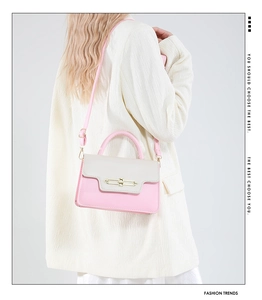 Fashionable two-tone crossbody bag shown on a model with stylish pink and beige leather panels