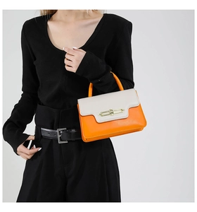 Detail of a color-block small square bag with orange leather and gold clasp on a model