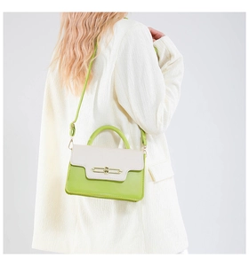 Detailed back view of a chic color-block green and cream crossbody bag on a model