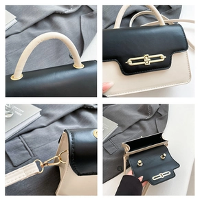 Detailed view of bicolor handbag with gold-tone hardware and secure lock mechanism