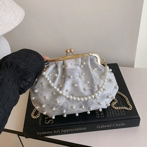 Vintage Artificial Pearl Crossbody Bag Butterfly Embroidery Kiss Lock Shell Handbag Satin Evening Party Chain Strap For Women
