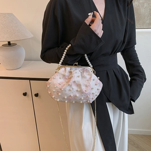 Elegant floral pink shell bag with white pearls and golden chain strap for women