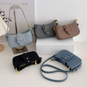 Fashionable denim baguette shoulder bags with square buckles in five vintage colors
