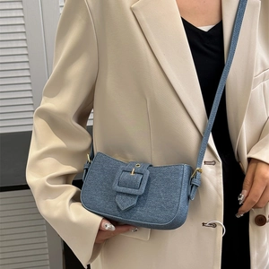 Blue denim texture underarm bag for women with adjustable strap and square buckle detail