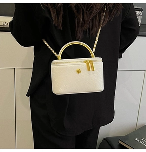 Detail of white snakeskin texture bag with gold handle and chain on black outfit