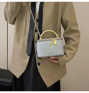 Close-up of silver snakeskin textured mini box bag with gold floral clasp and chain strap