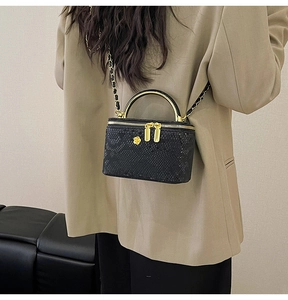 Snake pattern box bag with gold metal handle and chain strap worn by model in beige blazer