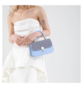 Detail of elegant two-tone crossbody bag with gold-tone twist lock on white background