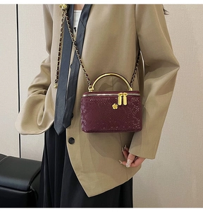 Detail of wine red snake pattern mini box bag with gold floral clasp and chain strap