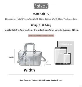 Detailed size specifications for silver PU pillow bag with dimensions and capacity data