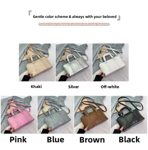 Detail view of colorful bow pillow bags in seven shades with top handles and straps
