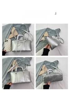 Detailed four-angle view of silver metallic bow pillow bag with lace and pearls