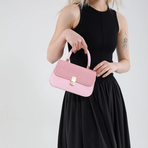 Pink polished leather small square bag with glitter flap and golden clasp for women