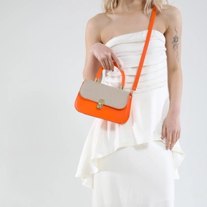 Fashionable orange and beige woven small square crossbody bag with metal lock for women