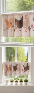 Detail showing rooster floral print on beige linen cafe curtain with rod pocket top