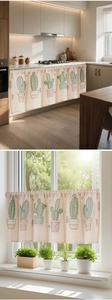 Detail of beige linen cafe curtain with colorful cactus print and rod pocket top