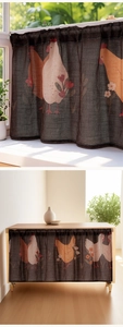 Linen cafe curtain with farmhouse rooster print showing natural light and cabinet decor