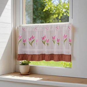 Rideau De Café Brodé Tulipe Papillon Transparent Polyester Demi-Rideau Poche À Tringle Ourlet À Volants Pour Armoire Cuisine