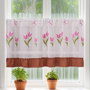 Brise-bise en voile blanc avec broderie tulipe et bordure plissée marron pour fenêtre