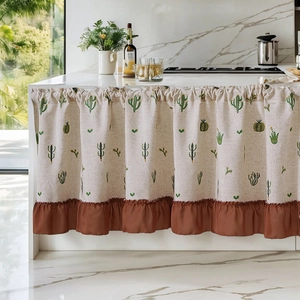 Pastoral cactus print linen cabinet curtain with elegant terracotta ruffled bottom edge
