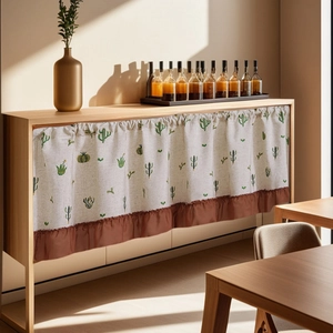 Pastoral cactus print linen cabinet curtain with brown ruffle hem for home decor