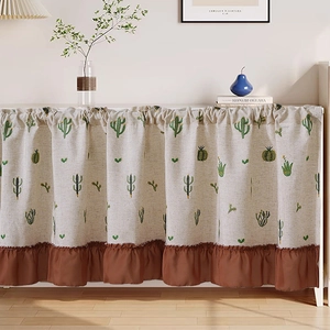 Pastoral style beige linen cupboard curtain with cactus print and brown ruffle trim