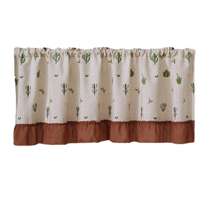 Linen cafe curtain with green cactus embroidery and brown pleated lace trim for cabinets