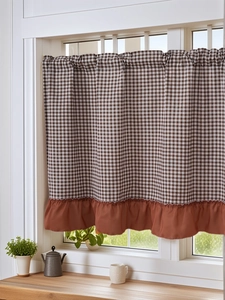 Detailed view of American country style checkered curtain with red brown pleated lace edge