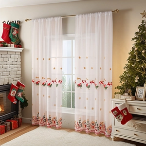 Rideaux Transparents Brodés de Noël Père Noël Traîneau Renne Motif Flocon de Neige Polyester Blanc Semi Obscurcissant Voile pour Maison