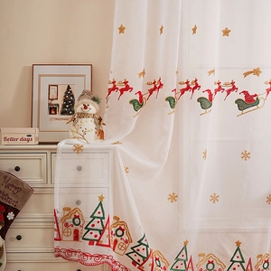 Rideau de Noël brodé avec rennes et flocons de neige pour décoration de fenêtre