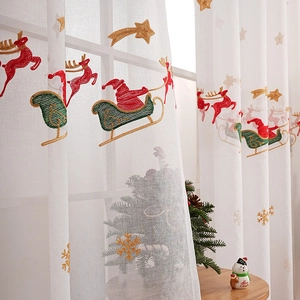 Rideaux de Noël semi-transparents avec broderie du Père Noël et des rennes rouges