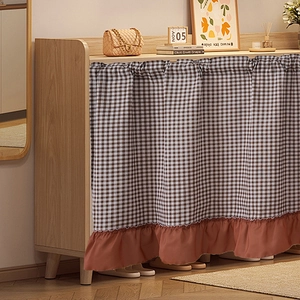 Classic black and white checkered cabinet curtain with caramel ruffled hem for home decor