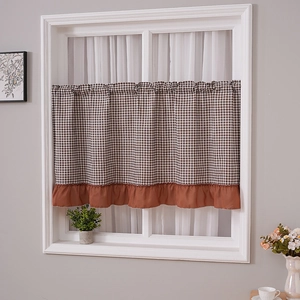 Short coffee curtain with brown-white gingham pattern and reddish-brown ruffled edge trim