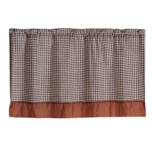 Brown and white checkered short curtain with ruffle trim for cabinets and windows