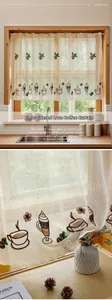 Detail of rustic cream cafe curtain with colorful coffee embroidery and scalloped lace edge