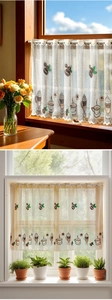 Close-up of semi-transparent cafe curtain with coffee bean embroidery and wavy lace edge