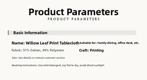 Tablecloth material guide: 51% cotton and 49% polyester blend with washing instructions