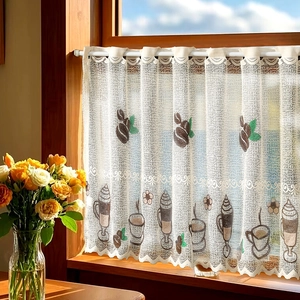 Lace cafe curtain with coffee bean embroidery for kitchen window rod pocket valance