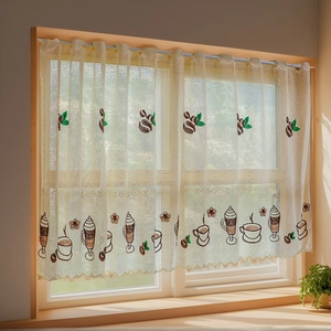 Farmhouse cafe curtain with coffee embroidery and scalloped edges on wooden window