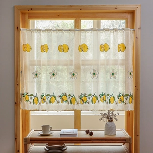 American Pastoral Style Lemon Strawberry Embroidered Coffee Curtain Creamy White Lace Scalloped Edge Short Window Curtain