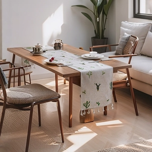 Embroidered Cactus Table Runner Linen Blend Decor With Tassels For Dining Coffee Table Cabinet Nordic Rural Minimalist