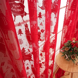 Red Christmas lace curtain with reindeer and tree embroidery for holiday home decor