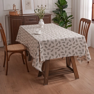 Minimalist cotton linen tablecloth with leaf print and fringed edges for home decor