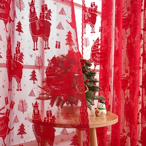 Red Christmas lace curtain featuring festive alpaca patterns and Happy Holidays embroidery