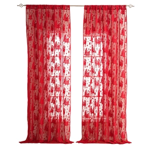 Red Christmas lace sheer curtain with festive alpaca tree embroidery and holiday text