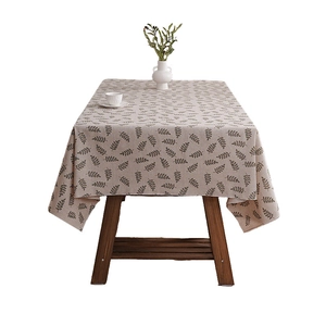 Minimalist beige linen rectangular tablecloth with brown leaf patterns for dining tables
